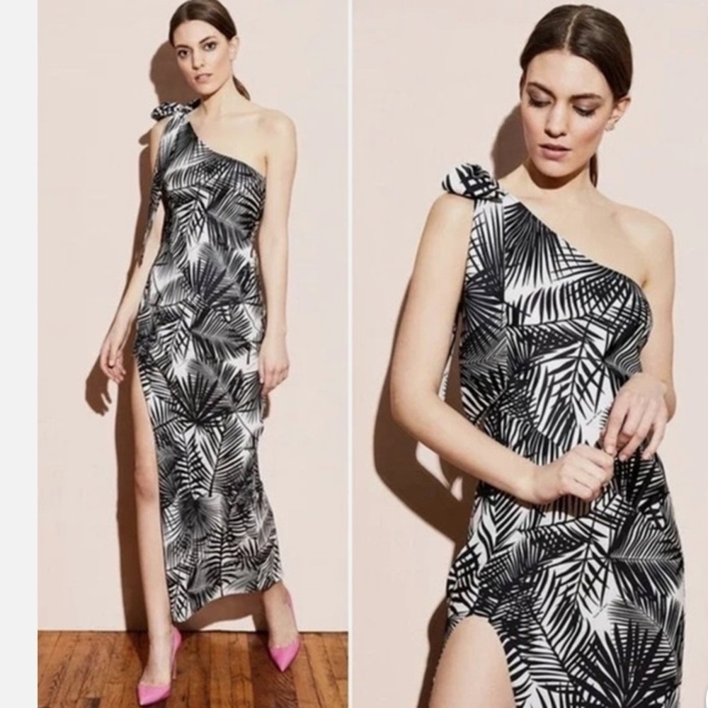 Fleur du Mal Black and White One Shoulder 100% silk maxi dress with‎ slit